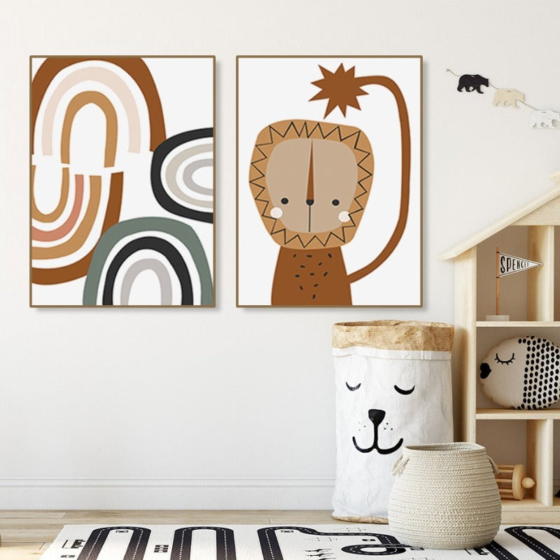 Boho Style Abstract Rainbow Lion Nursery - Canvas Wall Art Print | Bowlift