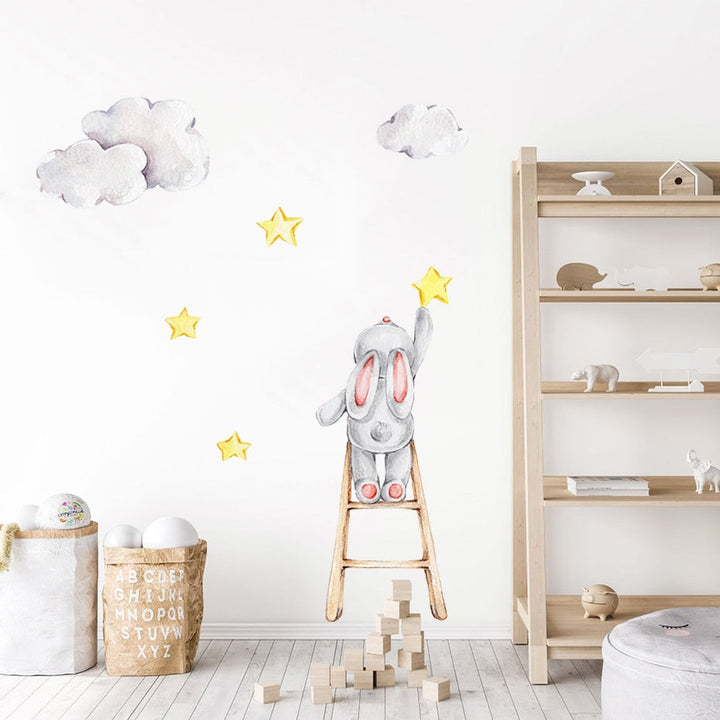 Cute Watercolor Bunny on the Stairs - Removable Wall Decal | Bowlift