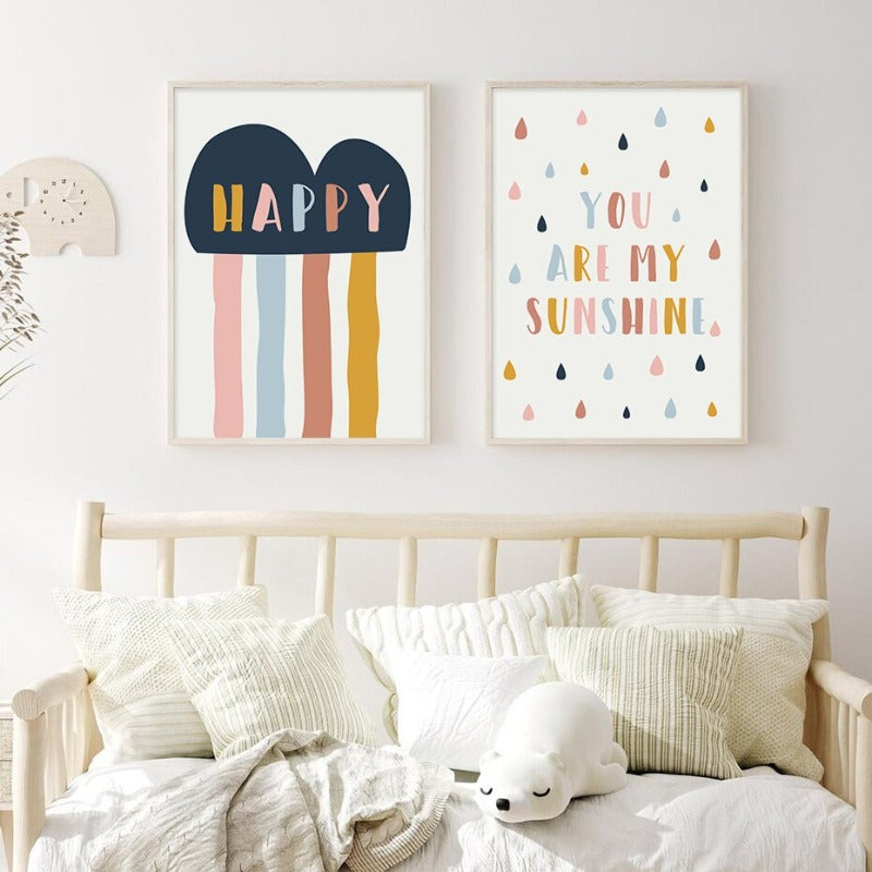 Happy Color You Are My Sunshine Nursery - Canvas Wall Art Print | Bowlift