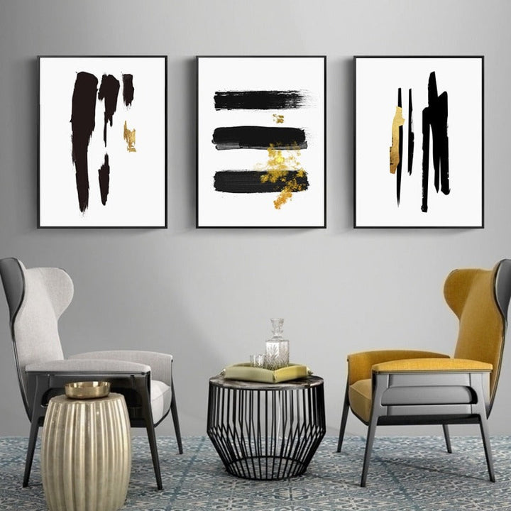 Abstract Black & Gold Brush Stroke - Canvas Wall Art Print | Bowlift