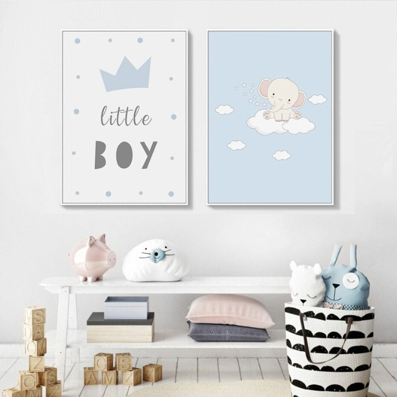 Cartoon Happy Little Elephant Nursery - Canvas Wall Art Print | Bowlift