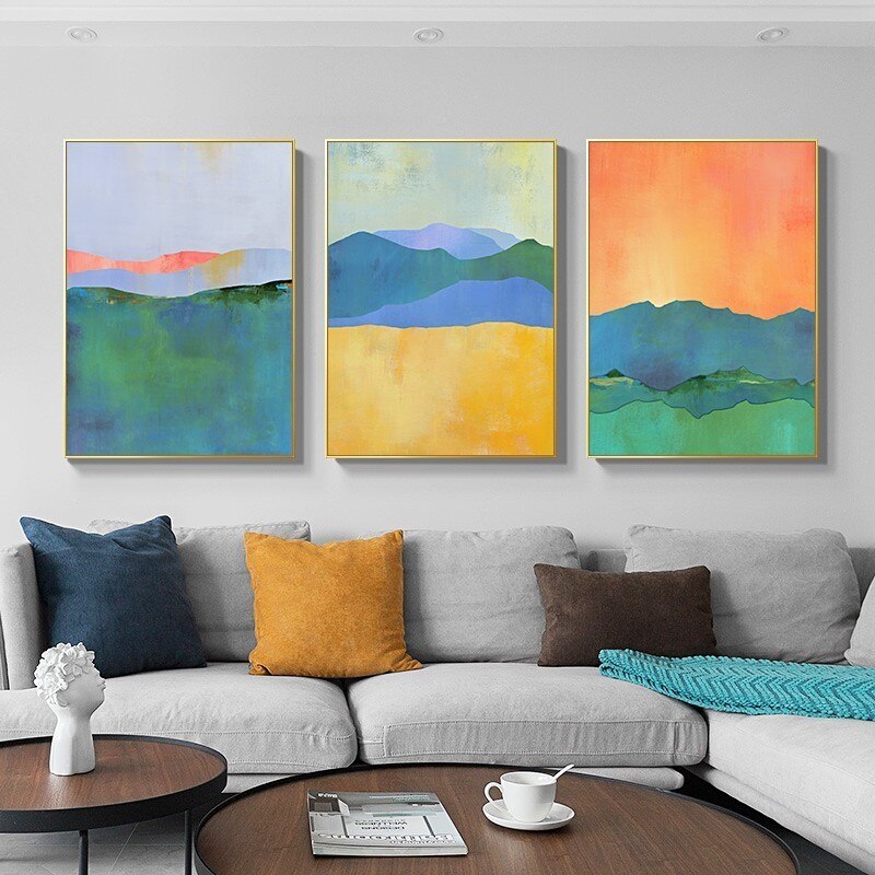 Abstract Blue Yellow Watercolor Horizon - Canvas Wall Art Print | Bowlift