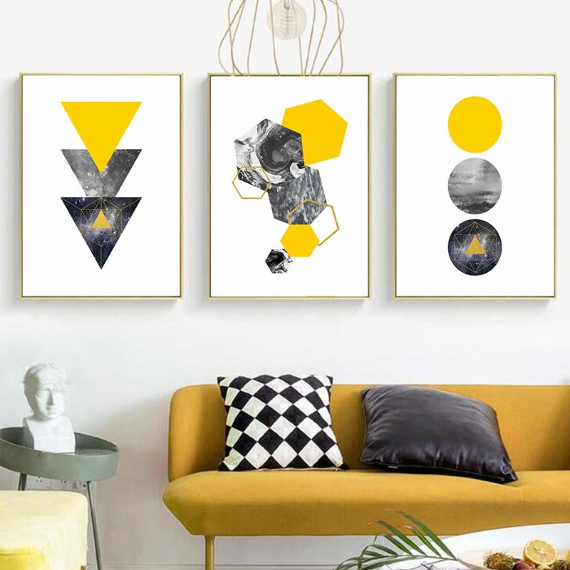 Abstract Geometric Yellow Marble Triangles - Canvas Wall Art Print | Bowlift