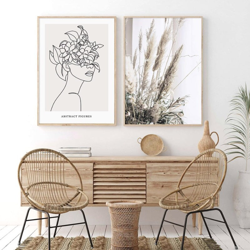 Abstract Hand Sketch Line Floral Boho Beige - Canvas Wall Art Print | Bowlift