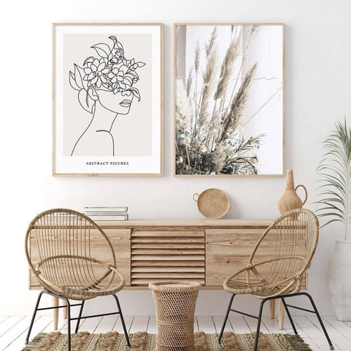 Abstract Hand Sketch Line Floral Boho Beige - Canvas Wall Art Print | Bowlift