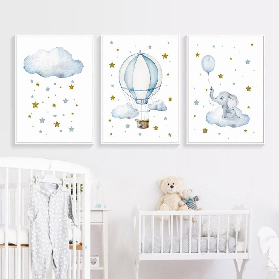 Blue Hot Air Balloon Elephant - Canvas Wall Art Print | Bowlift