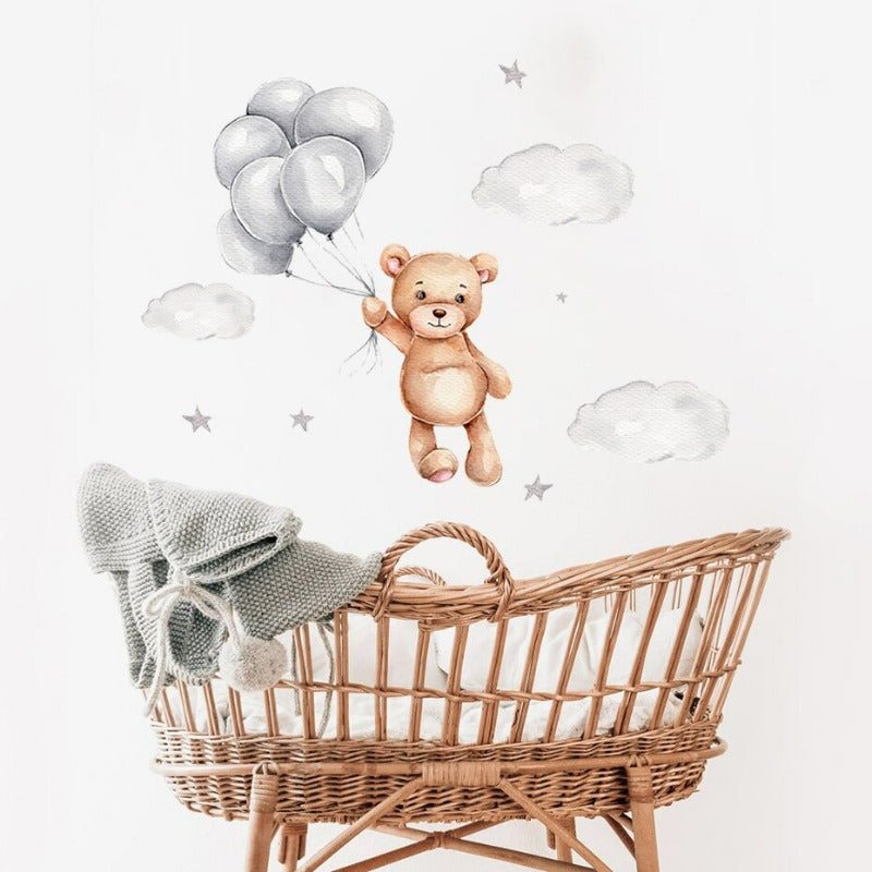 Cartoon Teddy Bear With Balloons & Clouds-Removable Wall Décor | Bowlift