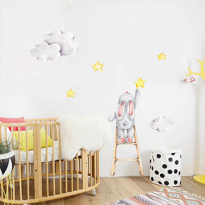 Cute Watercolor Bunny on the Stairs - Removable Wall Decal | Bowlift