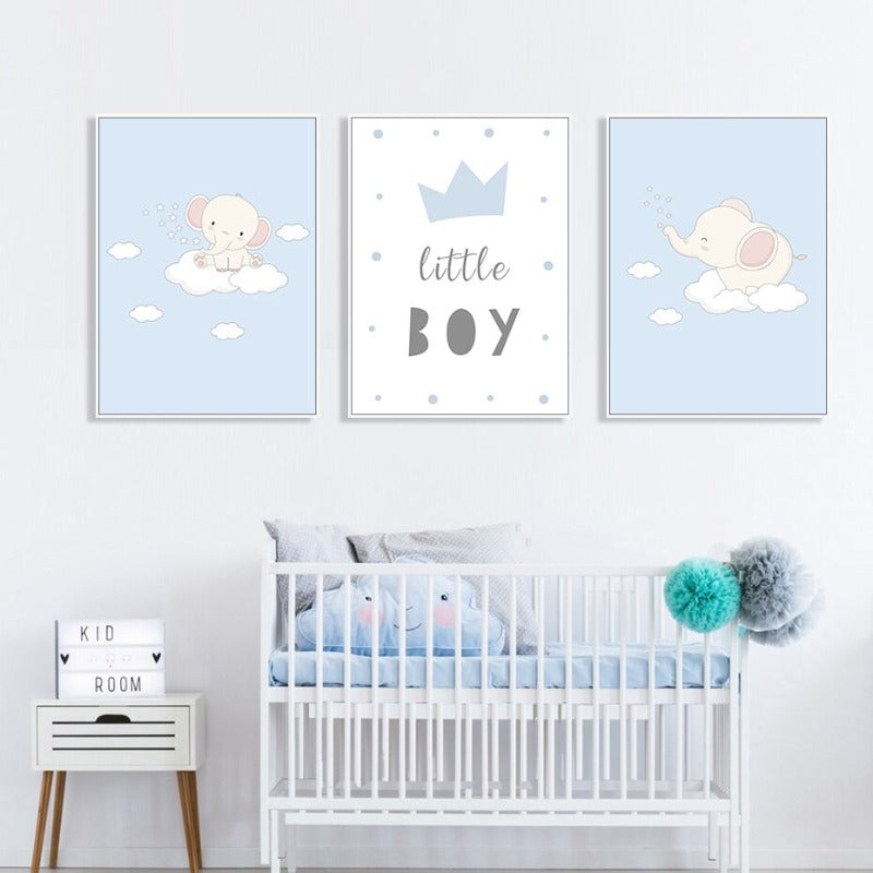 Cartoon Happy Little Elephant Nursery - Canvas Wall Art Print | Bowlift