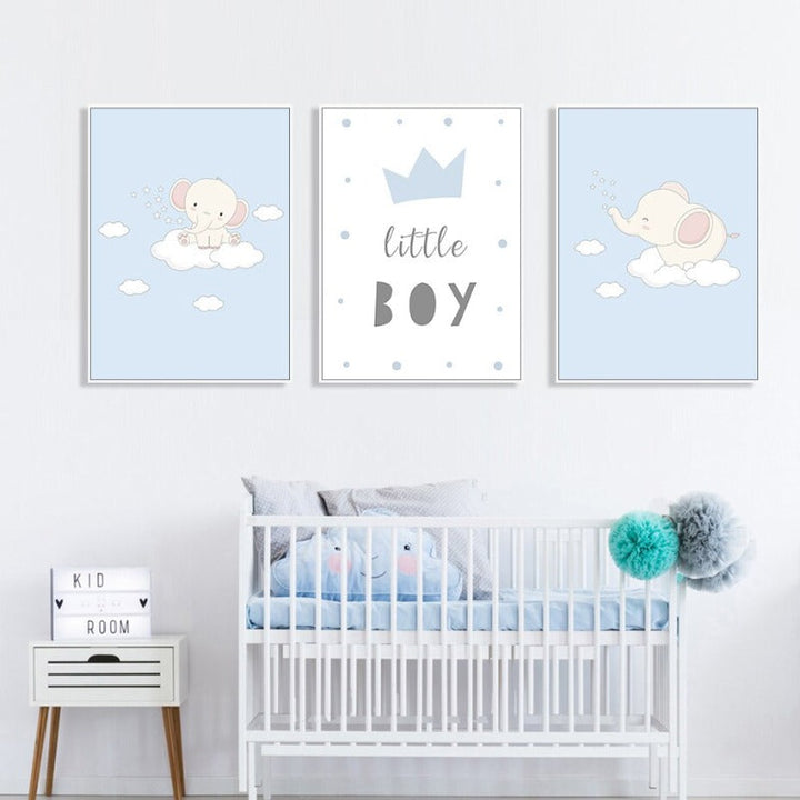Cartoon Happy Little Elephant Nursery - Canvas Wall Art Print | Bowlift