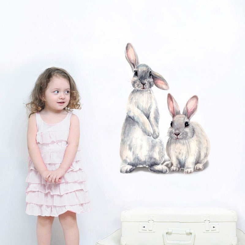 Watercolor Grey Baby Rabbits Floral - Removable Wall Decal | Bowlift