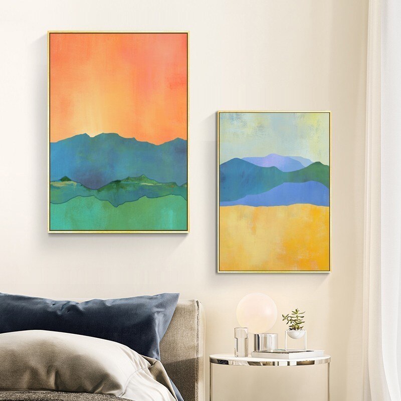 Abstract Blue Yellow Watercolor Horizon - Canvas Wall Art Print | Bowlift