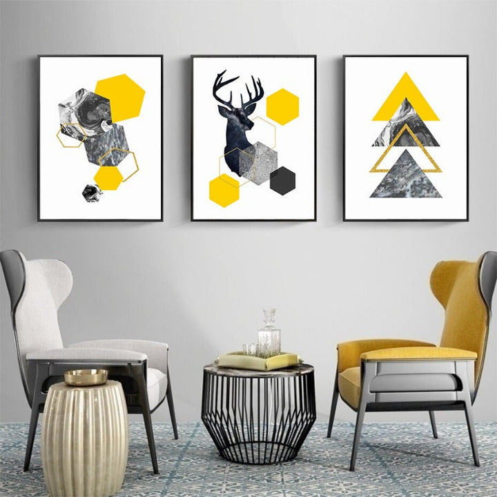 Abstract Geometric Yellow Marble Triangles - Canvas Wall Art Print | Bowlift
