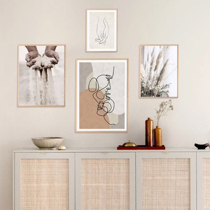 Abstract Hand Sketch Line Floral Boho Beige - Canvas Wall Art Print | Bowlift