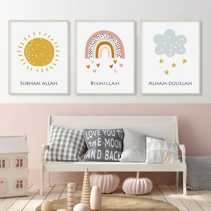 Cartoon Rainbow Sunshine Cloud Islamic - Canvas Wall Art Print | Bowlift