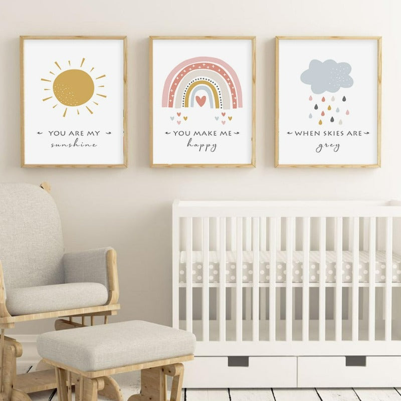 Cartoon Sun Cloud Rainbow Nursery Decor-Canvas Wall Art Print | Bowlift