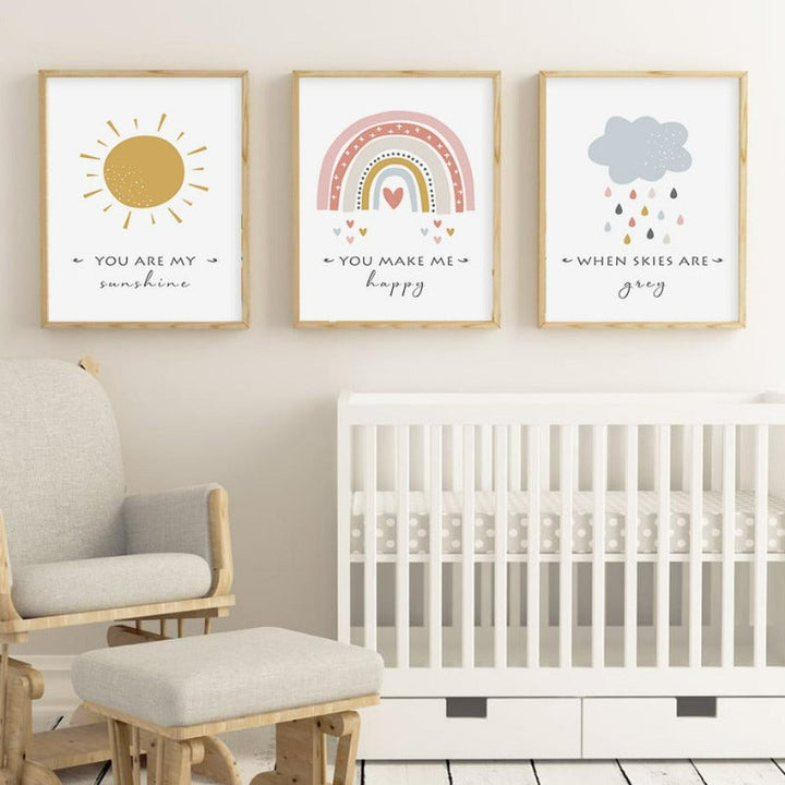 Cartoon Sun Cloud Rainbow Nursery Decor-Canvas Wall Art Print | Bowlift