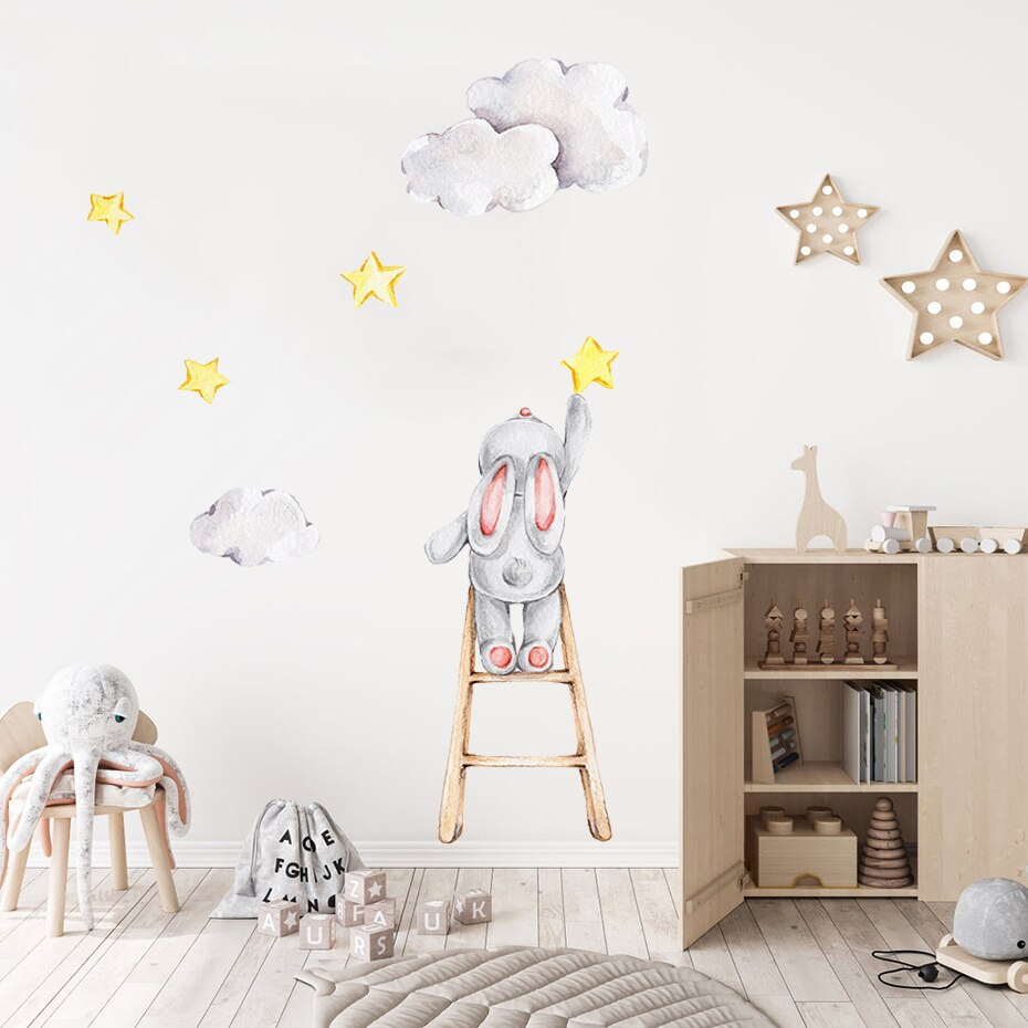 Cute Watercolor Bunny on the Stairs - Removable Wall Decal | Bowlift