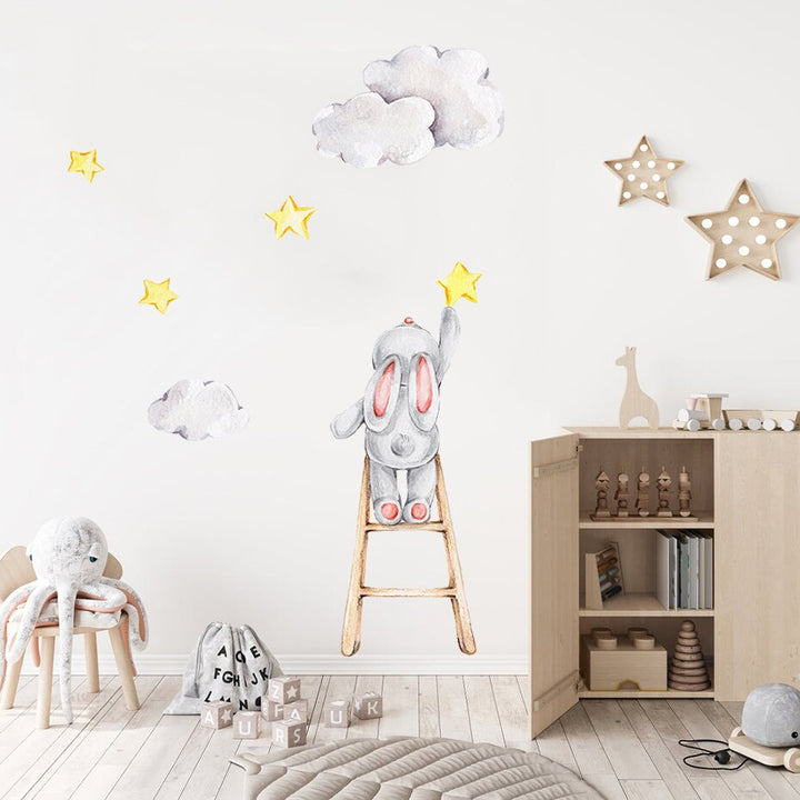 Cute Watercolor Bunny on the Stairs - Removable Wall Decal | Bowlift