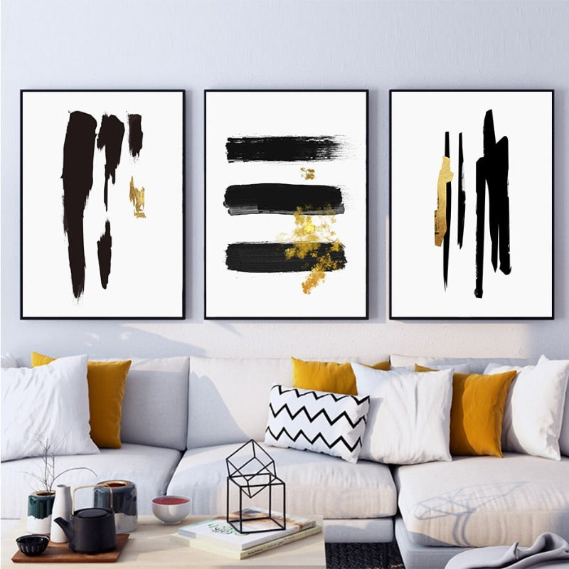 Abstract Black & Gold Brush Stroke - Canvas Wall Art Print | Bowlift