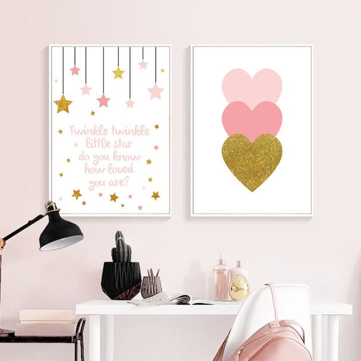 Modern Cartoon Pink Gold Heart Nursery - Canvas Wall Art Print | Bowlift