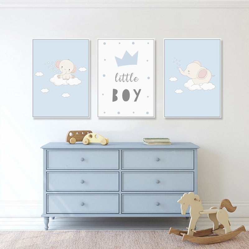 Cartoon Happy Little Elephant Nursery - Canvas Wall Art Print | Bowlift