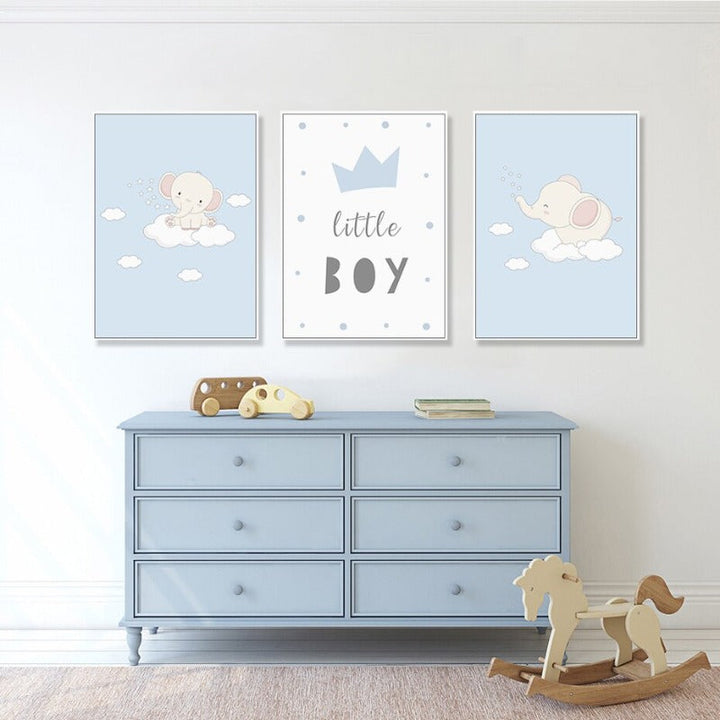 Cartoon Happy Little Elephant Nursery - Canvas Wall Art Print | Bowlift