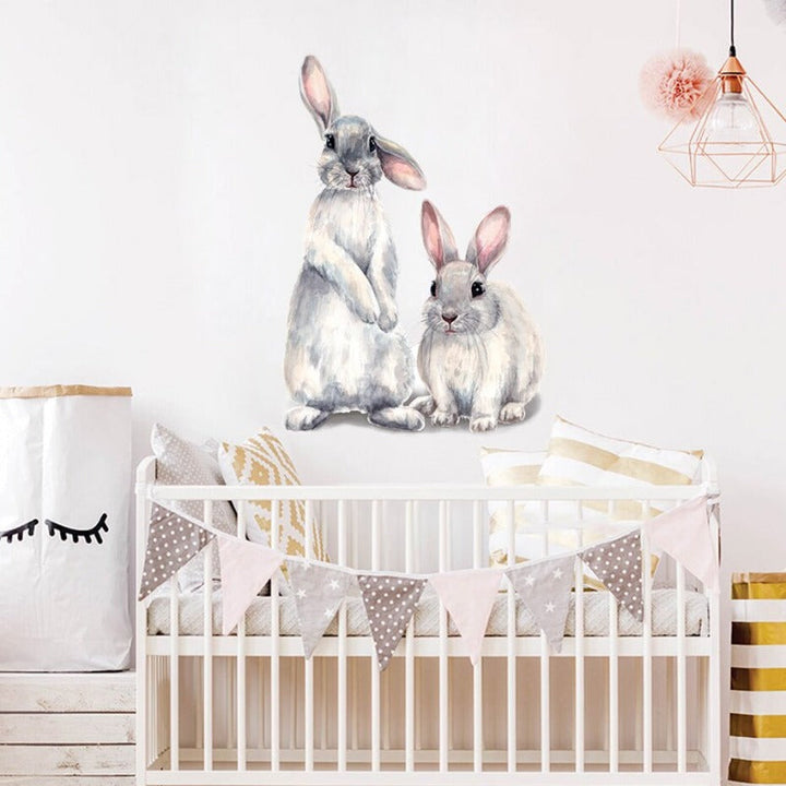 Watercolor Grey Baby Rabbits Floral - Removable Wall Decal | Bowlift