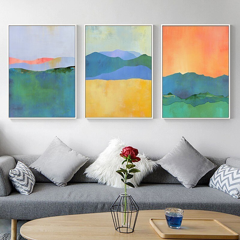 Abstract Blue Yellow Watercolor Horizon - Canvas Wall Art Print | Bowlift