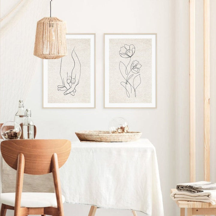 Abstract Hand Sketch Line Floral Boho Beige - Canvas Wall Art Print | Bowlift