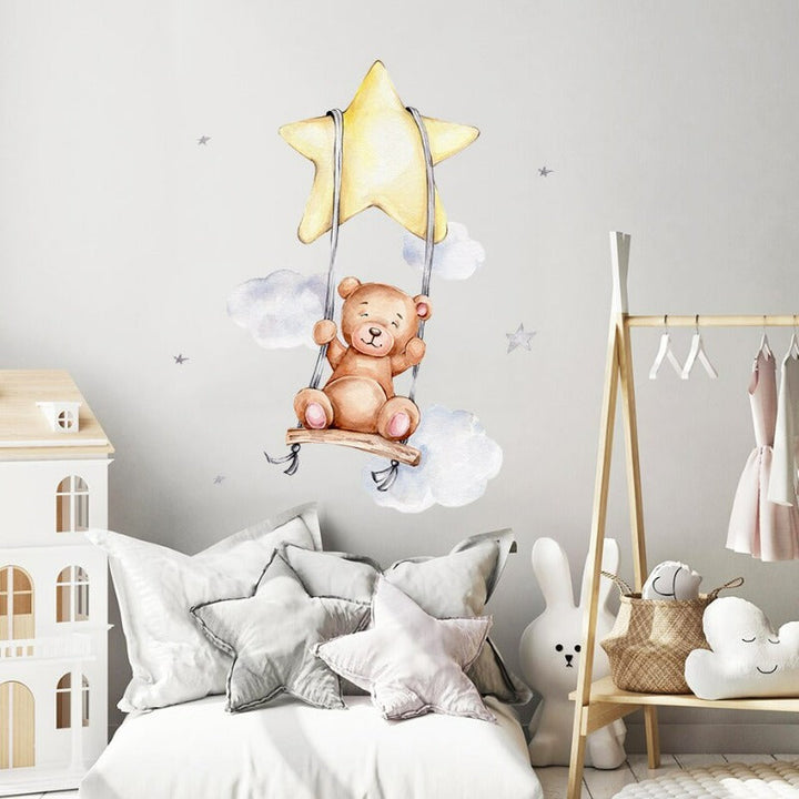 Cartoon Teddy Bear With Balloons & Clouds-Removable Wall Décor | Bowlift
