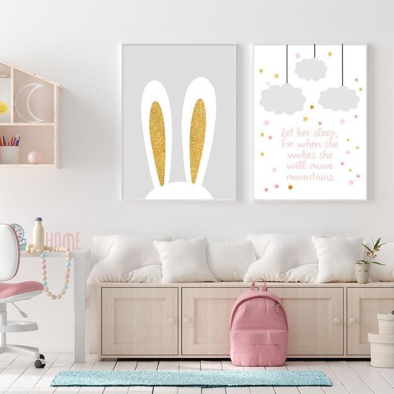 Modern Cartoon Pink Gold Heart Nursery - Canvas Wall Art Print | Bowlift