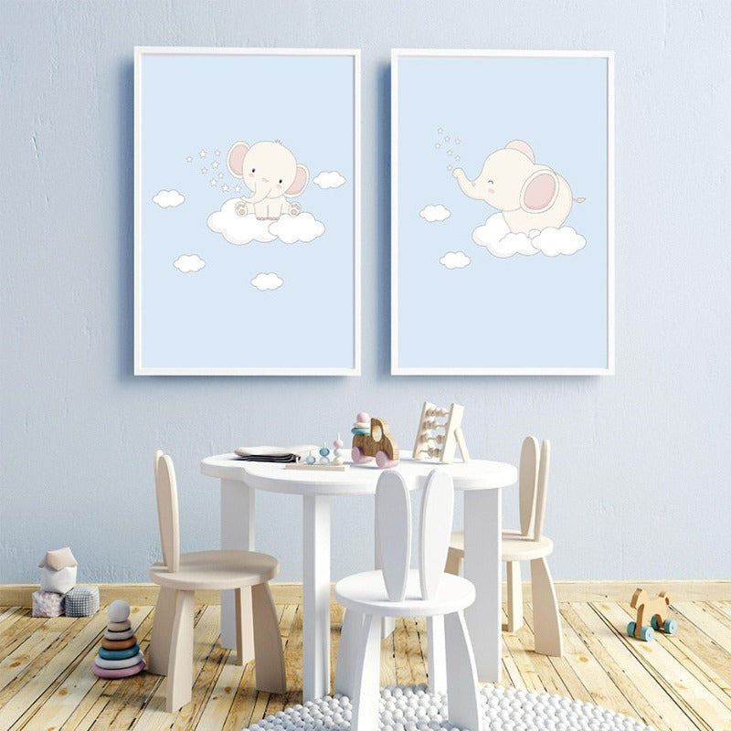 Cartoon Happy Little Elephant Nursery - Canvas Wall Art Print | Bowlift