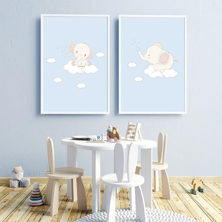 Cartoon Happy Little Elephant Nursery - Canvas Wall Art Print | Bowlift