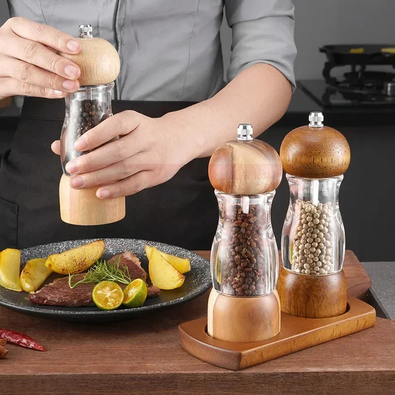 BowLift | Spice Salt & Pepper Mill Set | Ceramic Grinder | 16.5 cm Height | Natural Wood Design