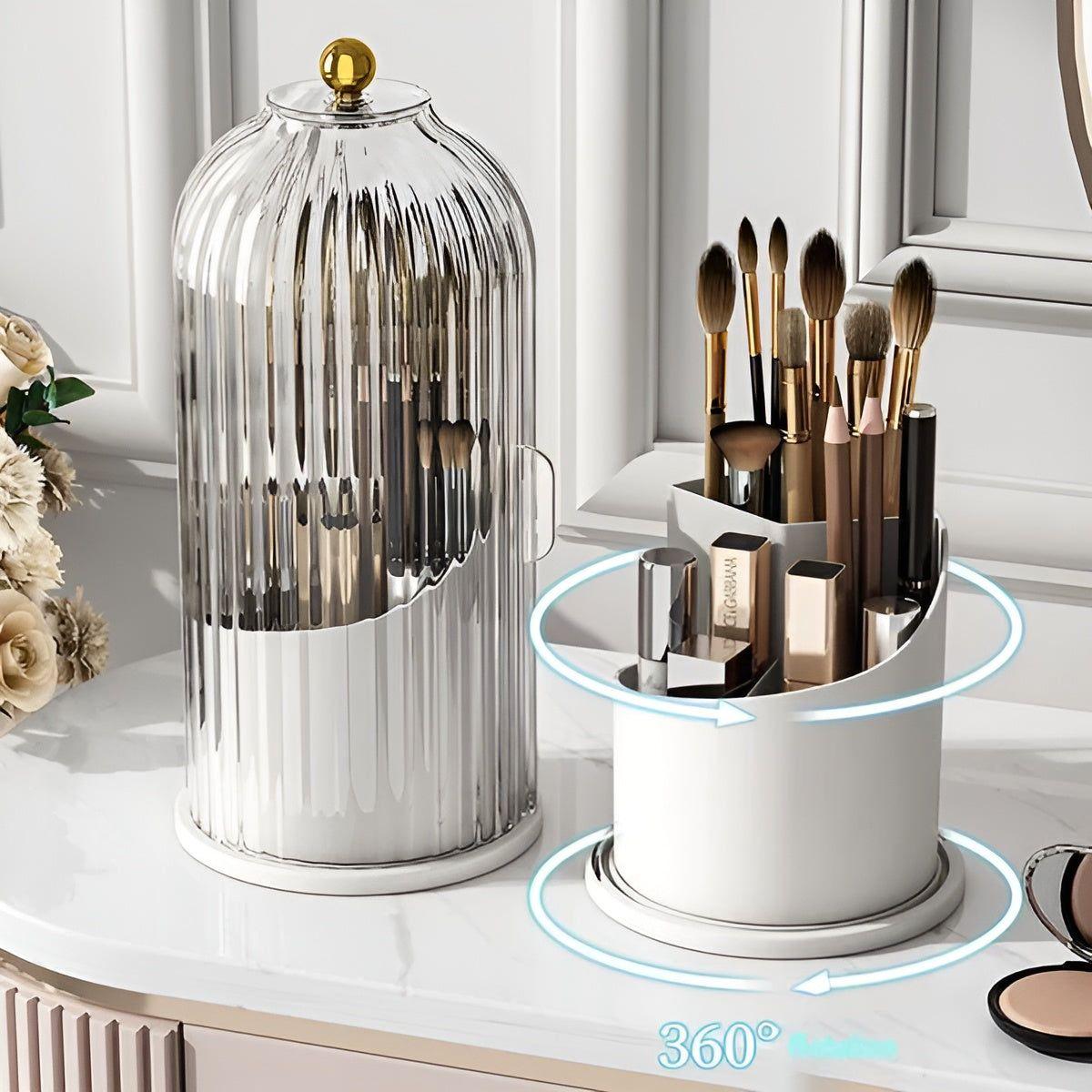 BowLift | Beauty SpinMate – 360° Rotating Makeup Brush Holder & Cosmetic Organiser with Dustproof Lid