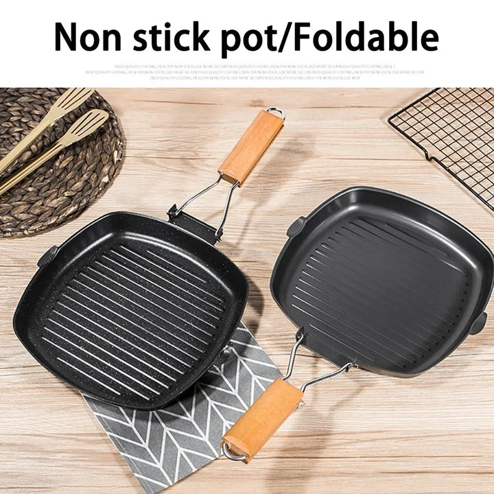 Nonstick Cast Iron Grill Pan Foldable Frying Pan with Wooden Handle | Bowlift