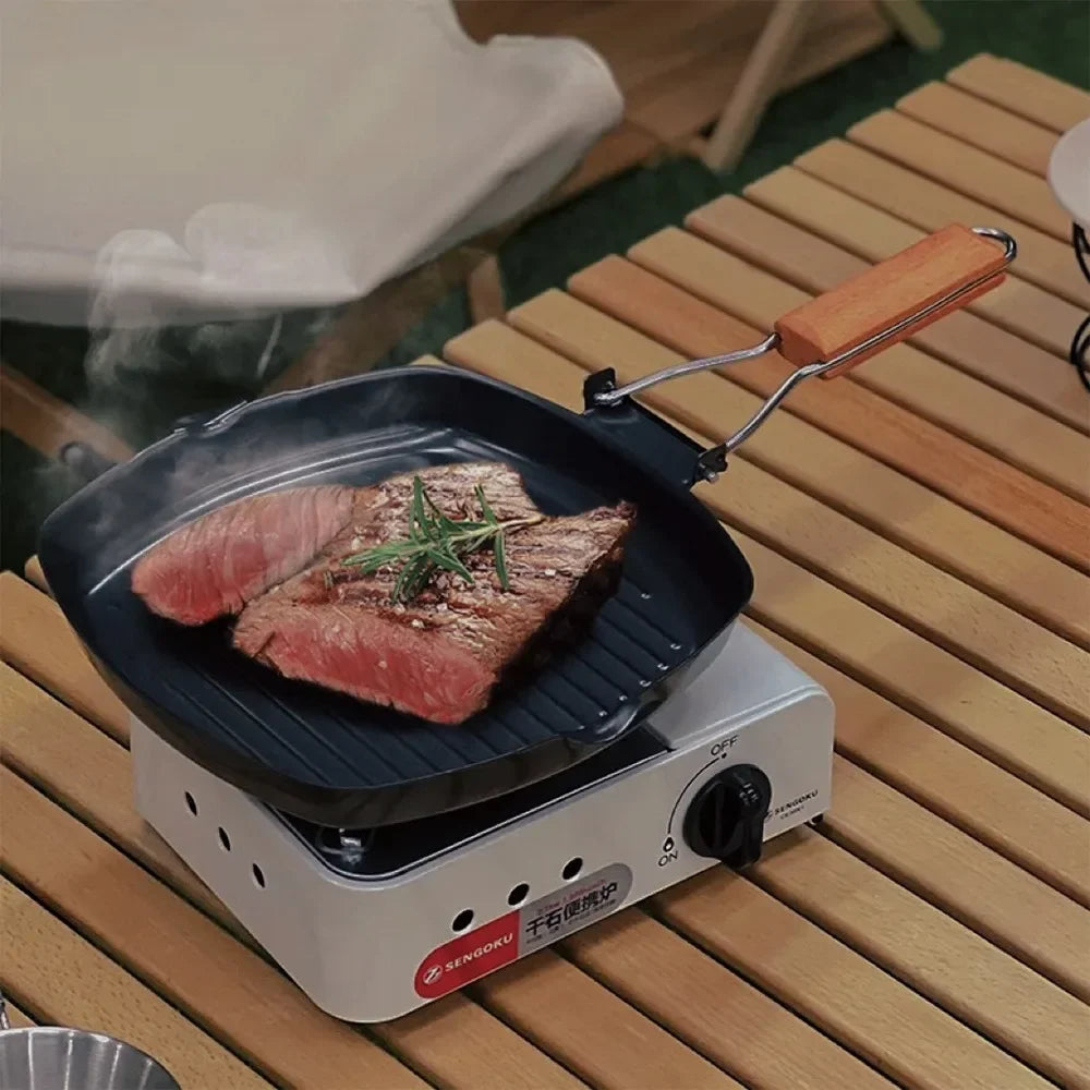 Nonstick Cast Iron Grill Pan Foldable Frying Pan with Wooden Handle | Bowlift