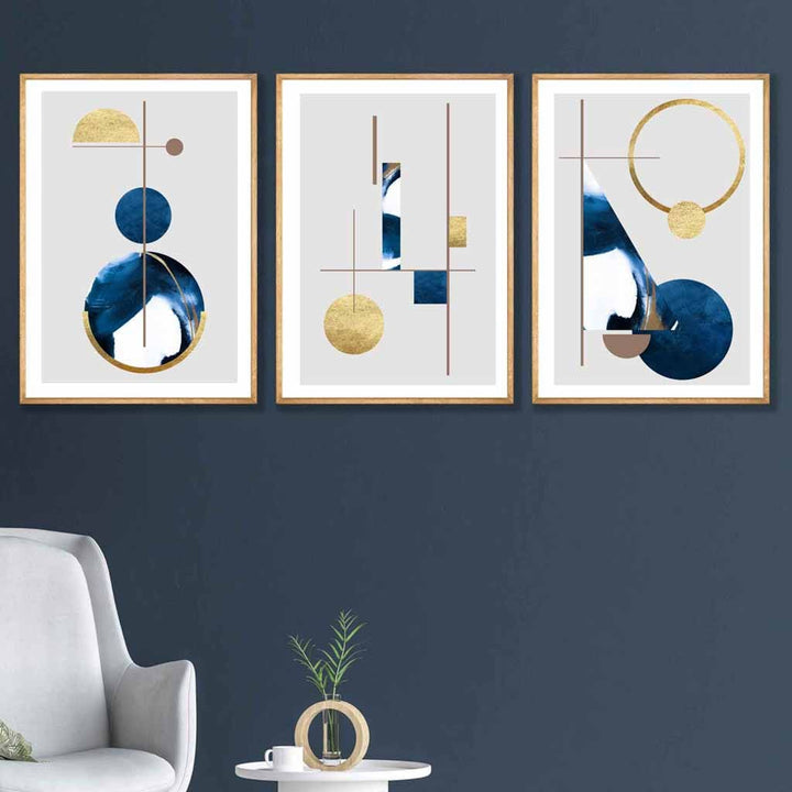 Abstract set of 3 textured geometric art wall art prints in navy blue and gold | Bowlift