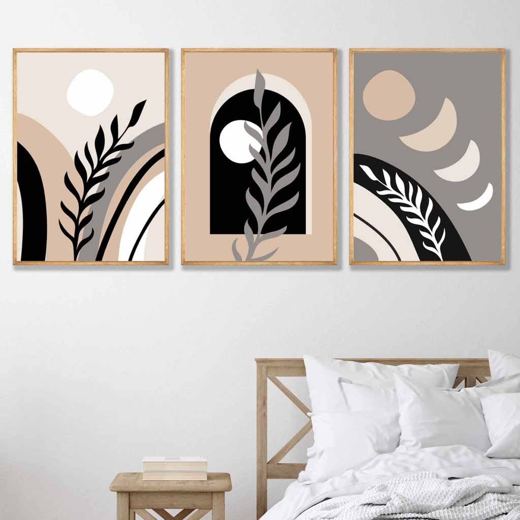 Boho Abstract Set of 3 Wall Art Prints in Black Beige and Gray | Bowlift