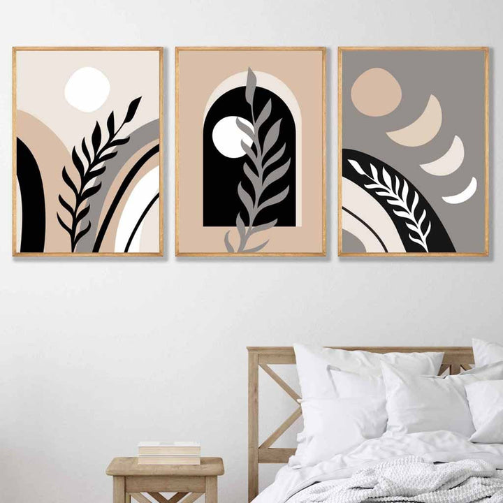 Boho Abstract Set of 3 Wall Art Prints in Black Beige and Gray | Bowlift