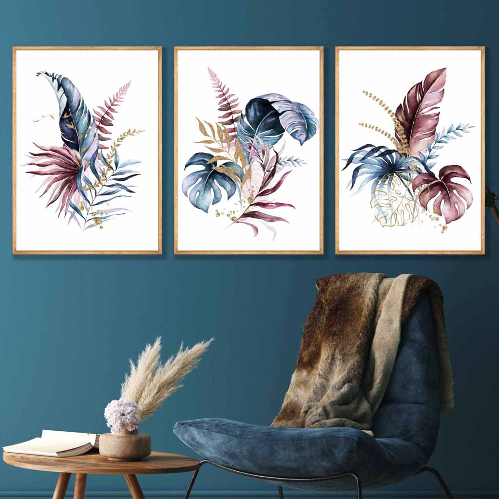 Botanical set of 3 pink and blue floral wall art prints | Bowlift