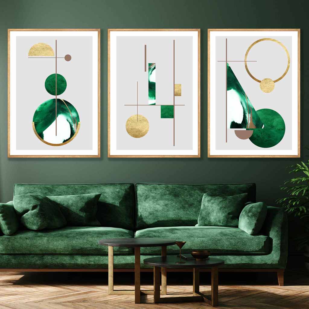 Art Deco Set of 3 textured geometric wall art prints in green and gold | Bowlift