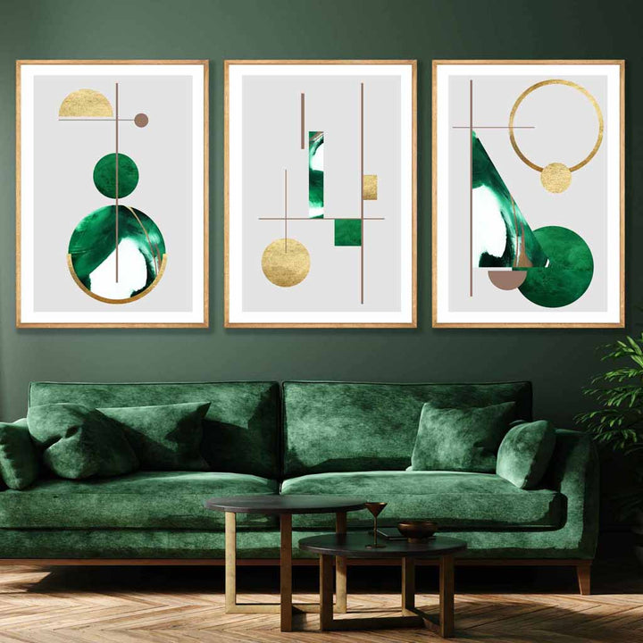 Art Deco Set of 3 textured geometric wall art prints in green and gold | Bowlift