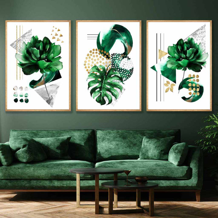 Abstract Green Gold Flower Set of 3 Art Prints | Bowlift