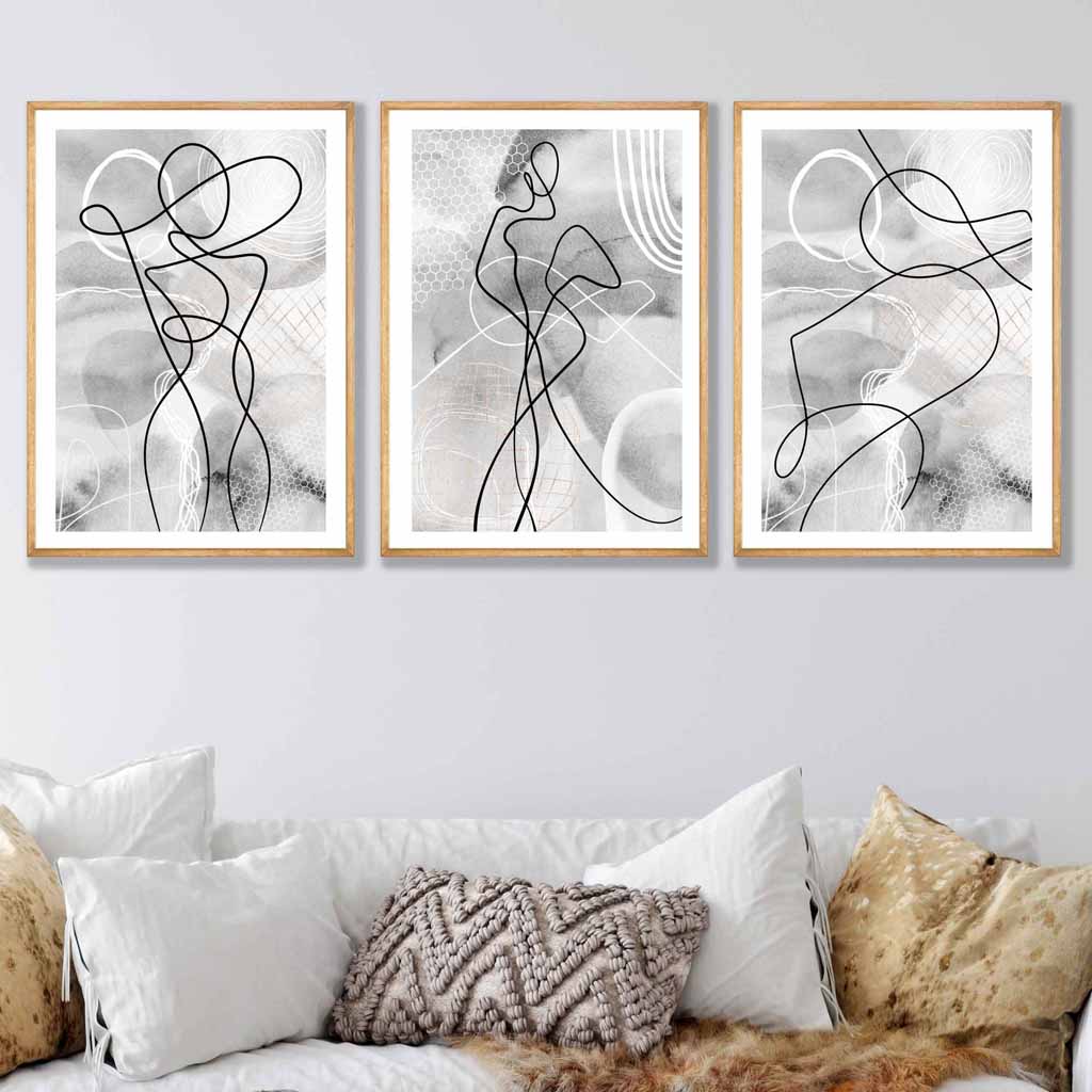 Abstract Set of 3 Fashion Line Art Wall Prints in Black & Gray | Bowlift