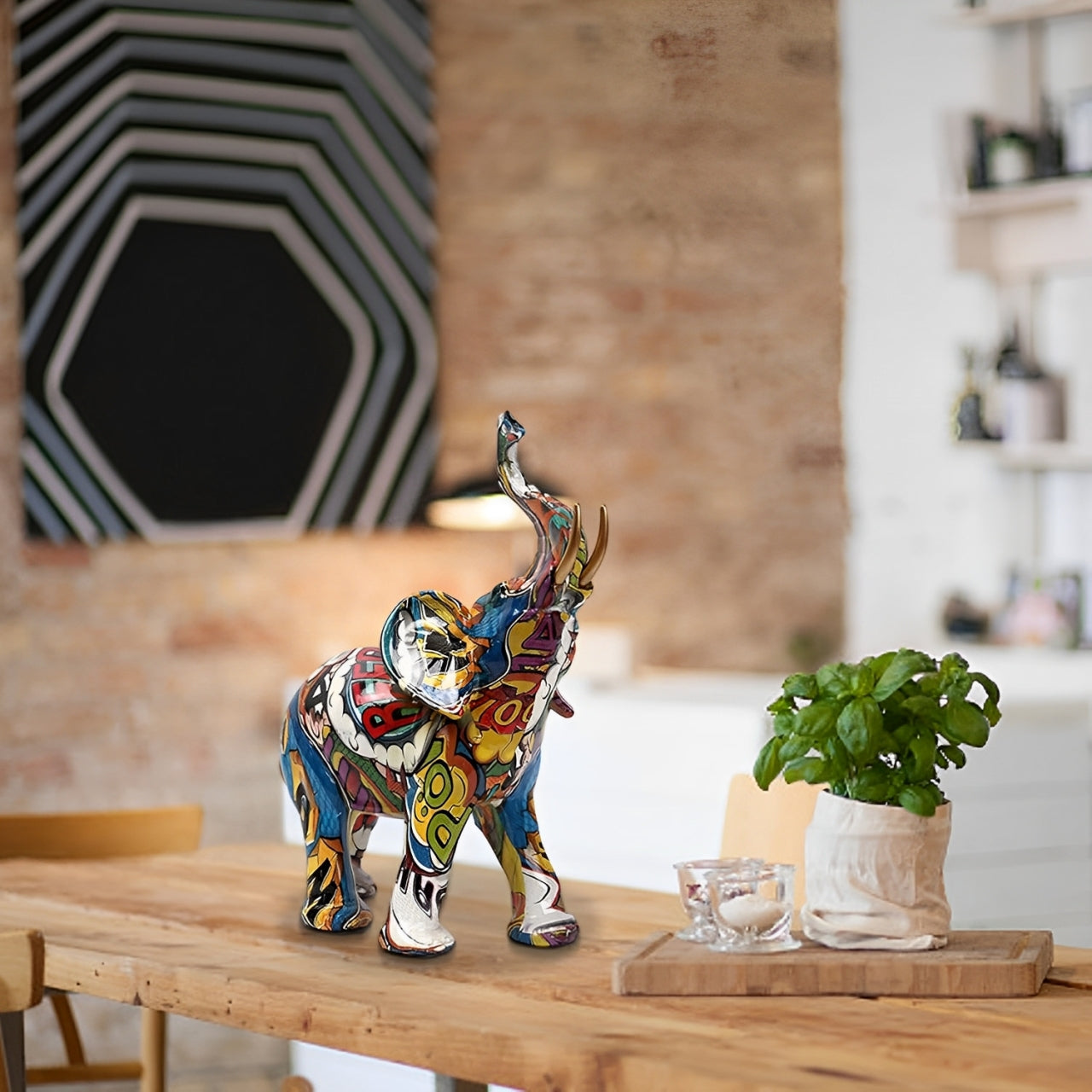 BowLift | Abstract Elephant Statue – Colourful African Design with Raised Trunk for Good Luck