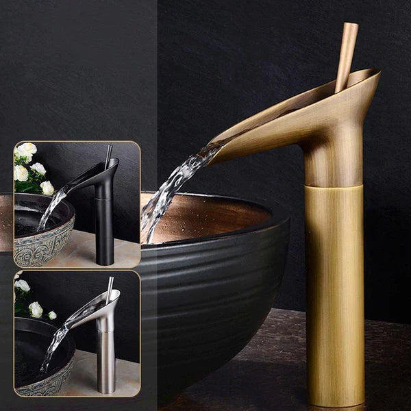 BowLift | AquaVintura Antique waterfall bathroom faucet | Brass fitting with single lever mixer | Hot & cold water | Bronze look
