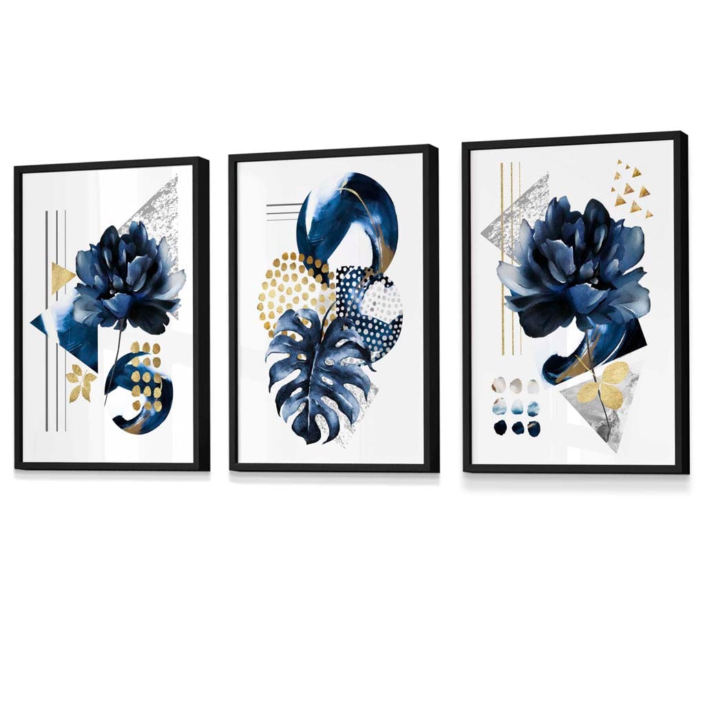 Abstract Marine and Gold Botanical Set of 3 Framed Wall Art Prints | Bowlift