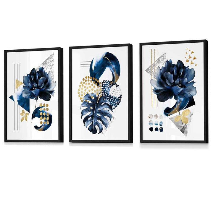 Abstract Marine and Gold Botanical Set of 3 Framed Wall Art Prints | Bowlift